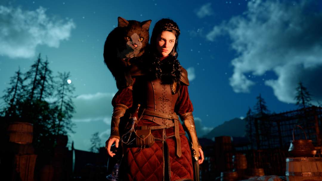 Damiane from Crimson Desert with a cat on her shoulder.